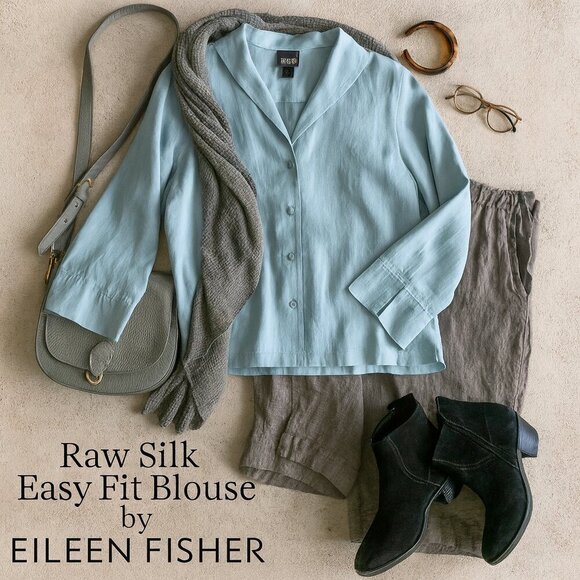Eileen Fisher Raw Silk Button Down Blouse Gray Easy Fit Short Length Size Small - Picture 1 of 14